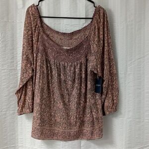 Lucky Brand brown and pink peasant top with 3/4 sleeves size XXL NWT